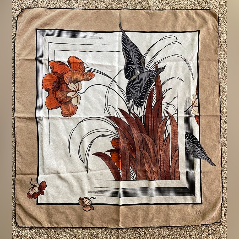 Silk Monogrammed initials JJJ floral Scarf Tan black square